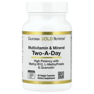 California Gold Nutrition Multivitamin and Mineral with Methyl B12, Vitamin C, L-MethylFolate and Quercetin, Two-A-Day, Veggie Capsules